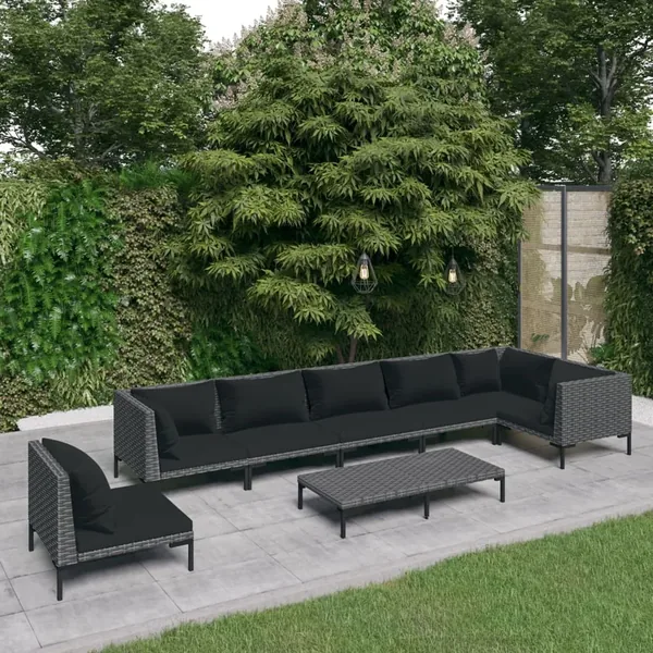 Salon de jardin 8 pcs avec coussins Résine tressée Gris foncé