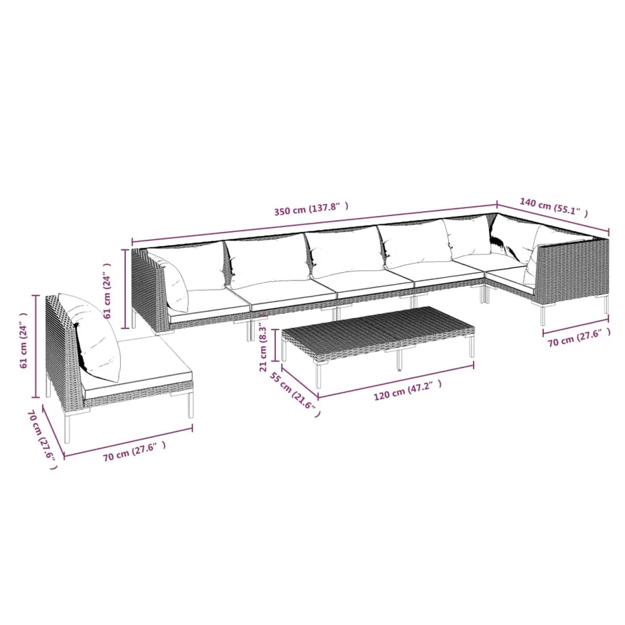 Salon de jardin 8 pcs avec coussins Résine tressée Gris foncé - 9