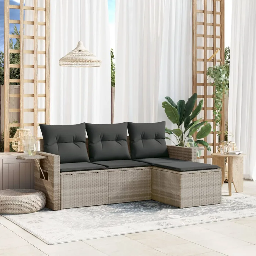 Salon de jardin 4 pcs avec coussins gris clair résine tressée