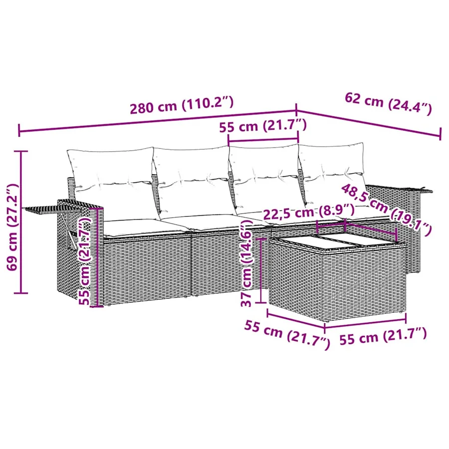 Salon de jardin 5 pcs avec coussins gris clair résine tressée - 3