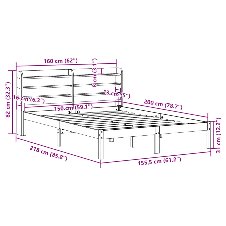 Cadre de lit sans matelas blanc 150x200 cm bois de pin massif - 12