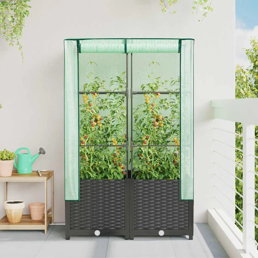 Jardinière surélevée avec housse aspect rotin 80x40x138 cm - 3