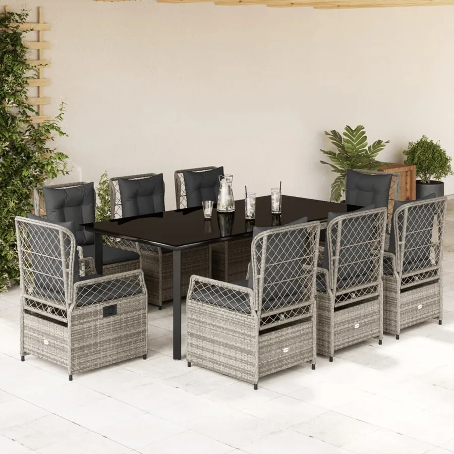 Ensemble à manger de jardin 9 pcs coussins gris résine tressée
