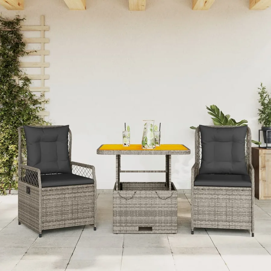Ensemble à manger de jardin 3 pcs coussins gris résine tressée