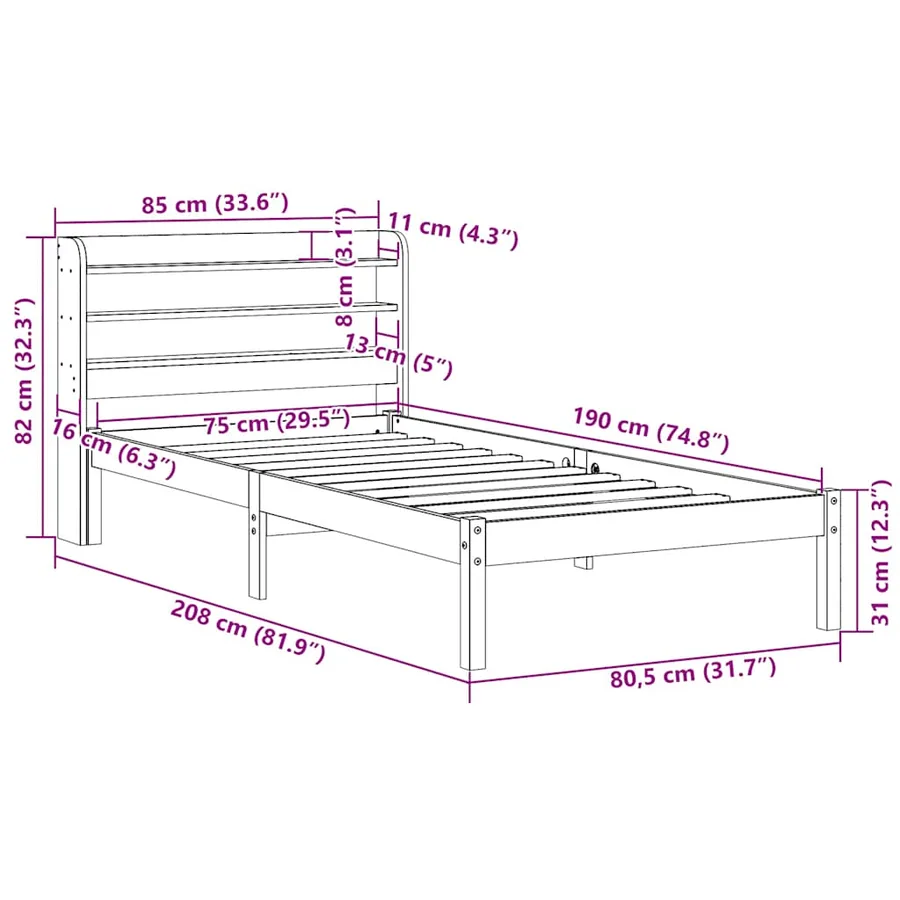Cadre de lit sans matelas 75x190 cm bois de pin massif - 12