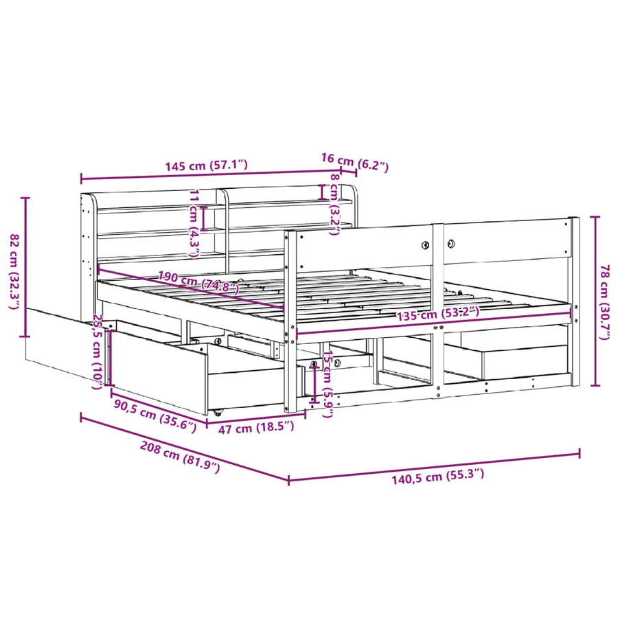 Cadre de lit sans matelas 135x190 cm bois de pin massif - 12