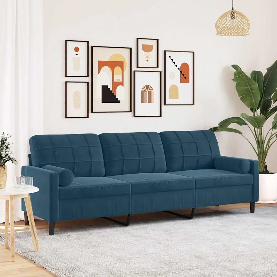Canapé 3 places avec oreillers décoratifs bleu 210 cm velours