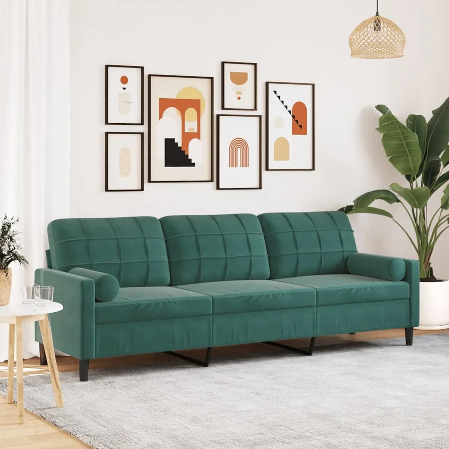 Canapé 3 places avec oreillers vert foncé 210 cm velours