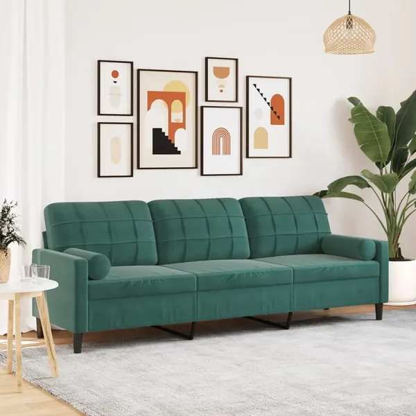 Canapé 3 places avec oreillers vert foncé 210 cm velours