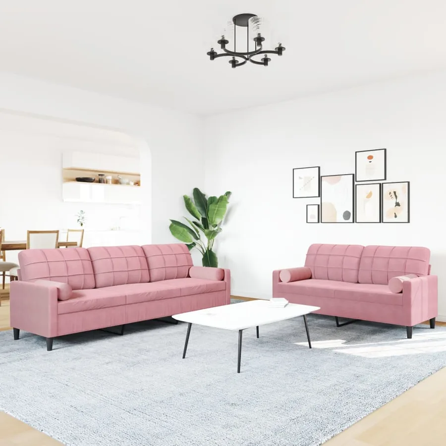 Ensemble de canapés 2pcs et coussins et traversins rose velours - 3