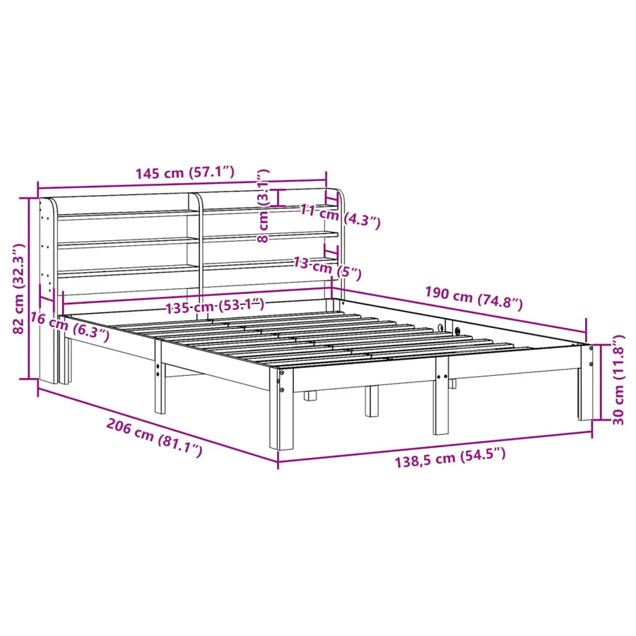 Cadre de lit sans matelas cire marron 135x190cm bois pin massif - 11