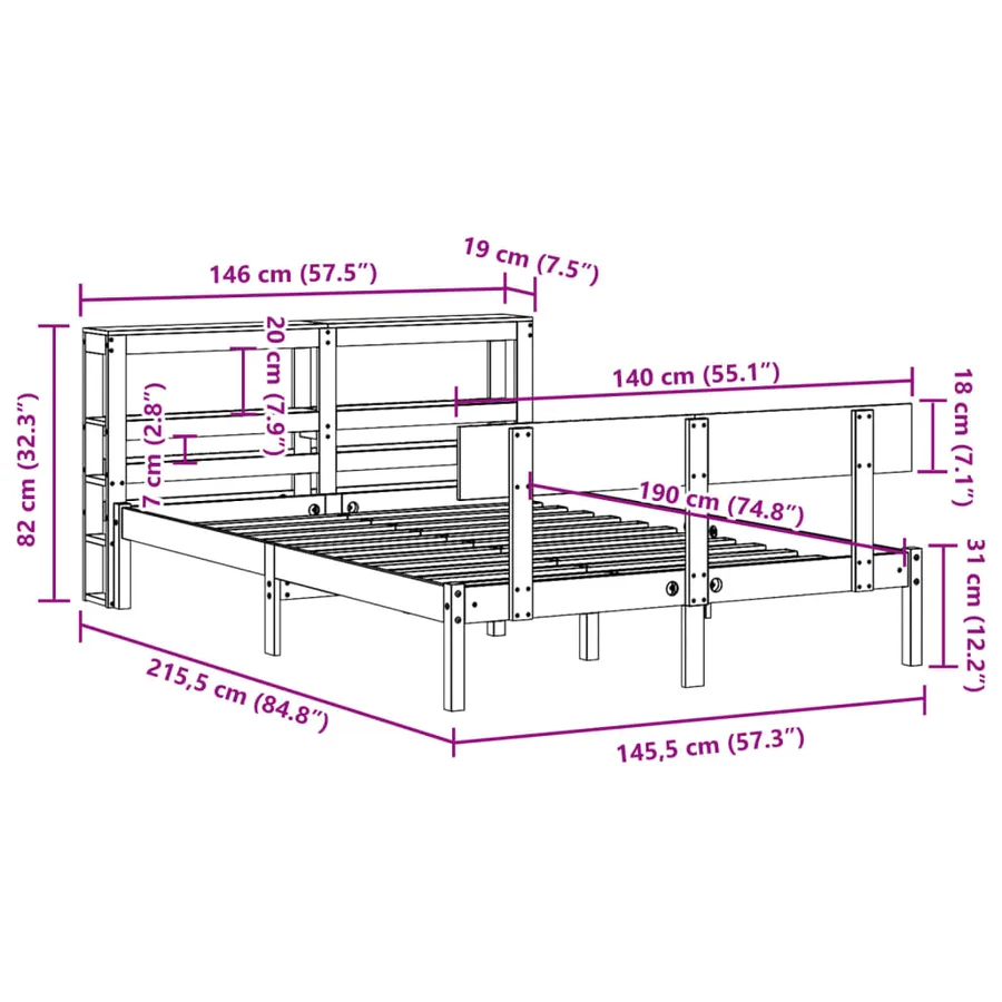 Cadre de lit sans matelas 140x190 cm bois de pin massif - 12