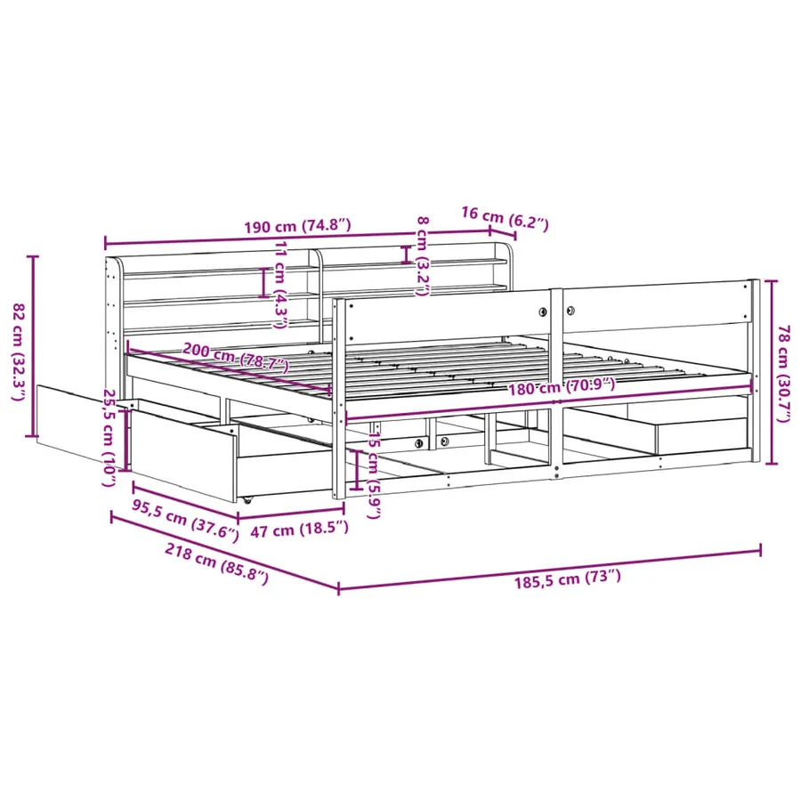 Cadre de lit sans matelas blanc 180x200 cm bois massif de pin - 12