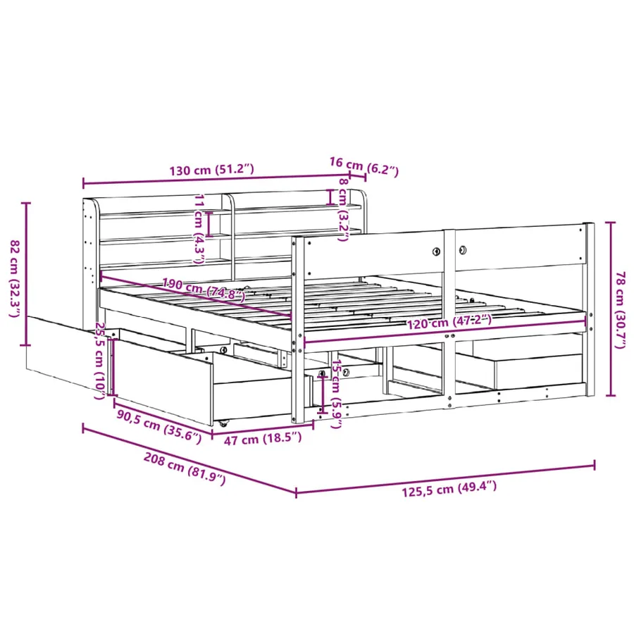 Cadre de lit sans matelas cire marron 120x190cm bois pin massif - 12