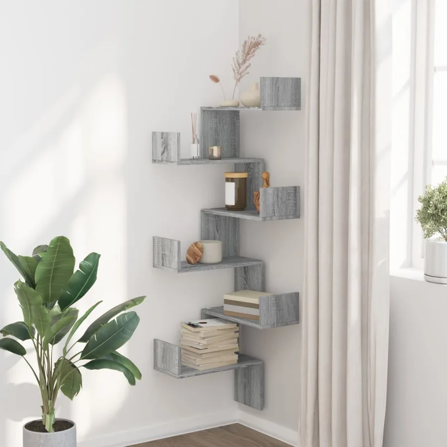 Étagère d'angle murale sonoma gris 45x45x147cm bois ingénierie - 3