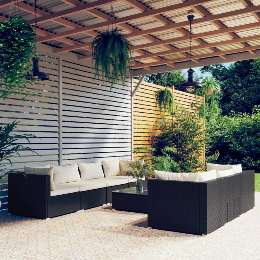 Salon de jardin 8 pcs avec coussins résine tressée noir