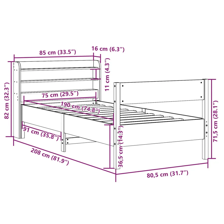 Cadre de lit sans matelas blanc 75x190 cm bois de pin massif - 12