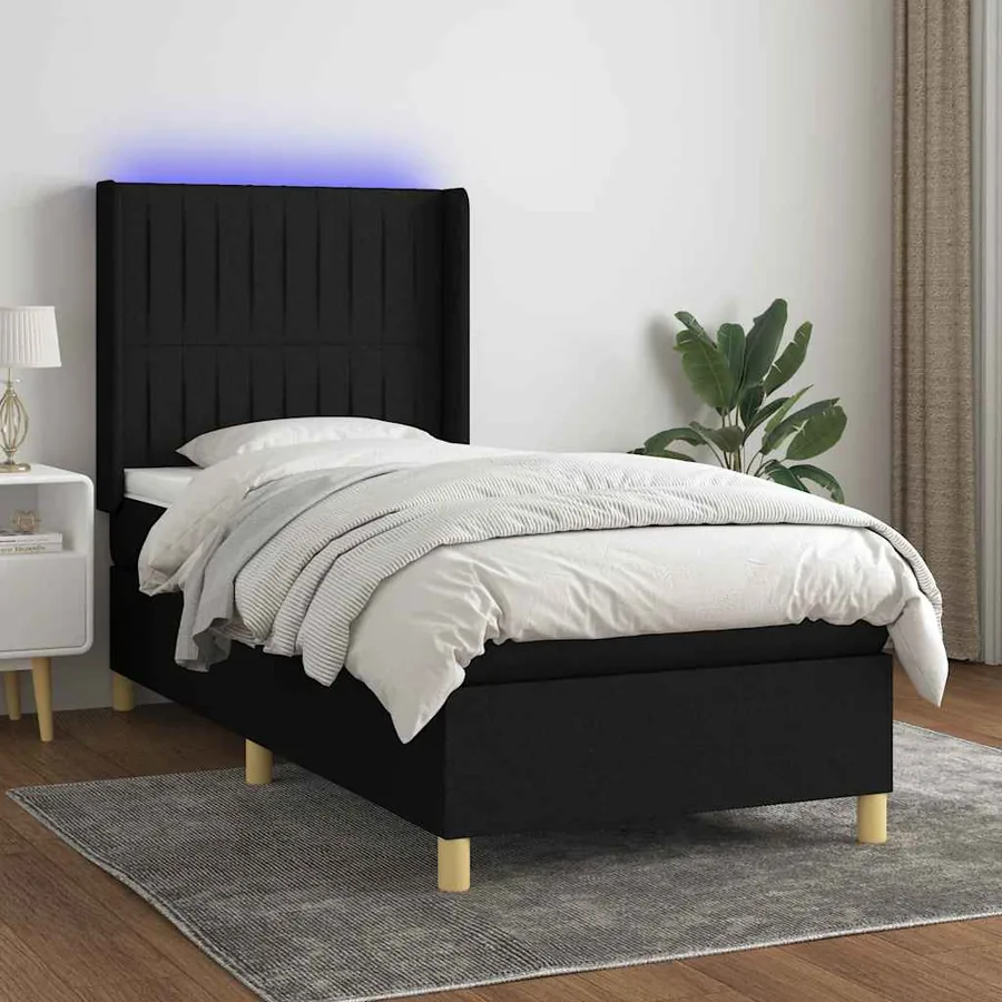 Sommier à lattes de lit matelas et LED Noir 100x200 cm Tissu