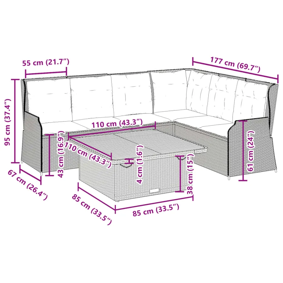 Salon de jardin 5 pcs avec coussins Noir Résine tressée - 12