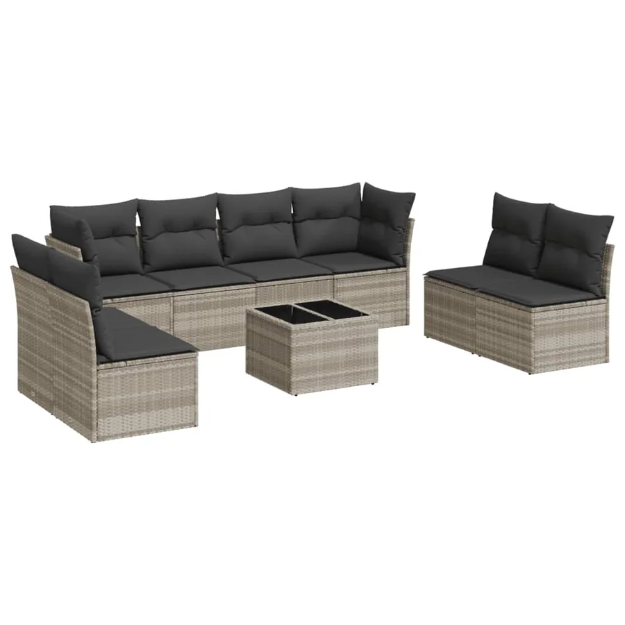Salon de jardin 9 pcs avec coussins gris clair résine tressée - 2