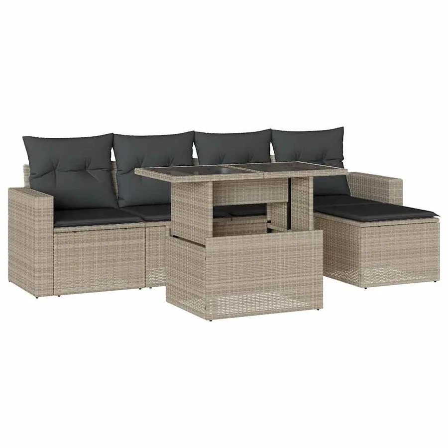 Salon de jardin 6 pcs avec coussins gris clair résine tressée - 2