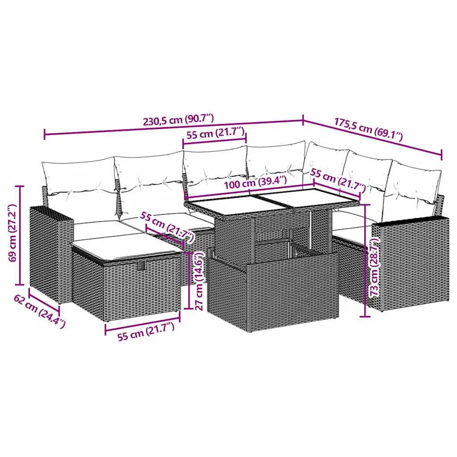 Salon de jardin 8 pcs avec coussins gris clair résine tressée - 13