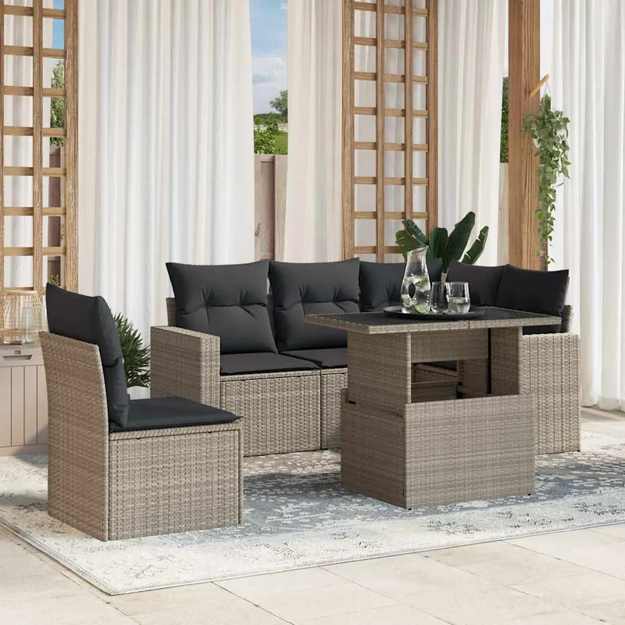 Salon de jardin 6 pcs avec coussins gris clair résine tressée