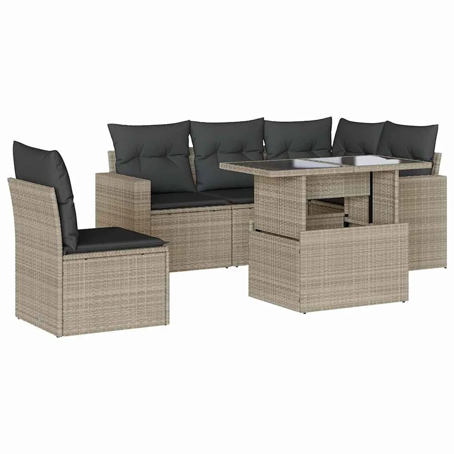 Salon de jardin 6 pcs avec coussins gris clair résine tressée - 2