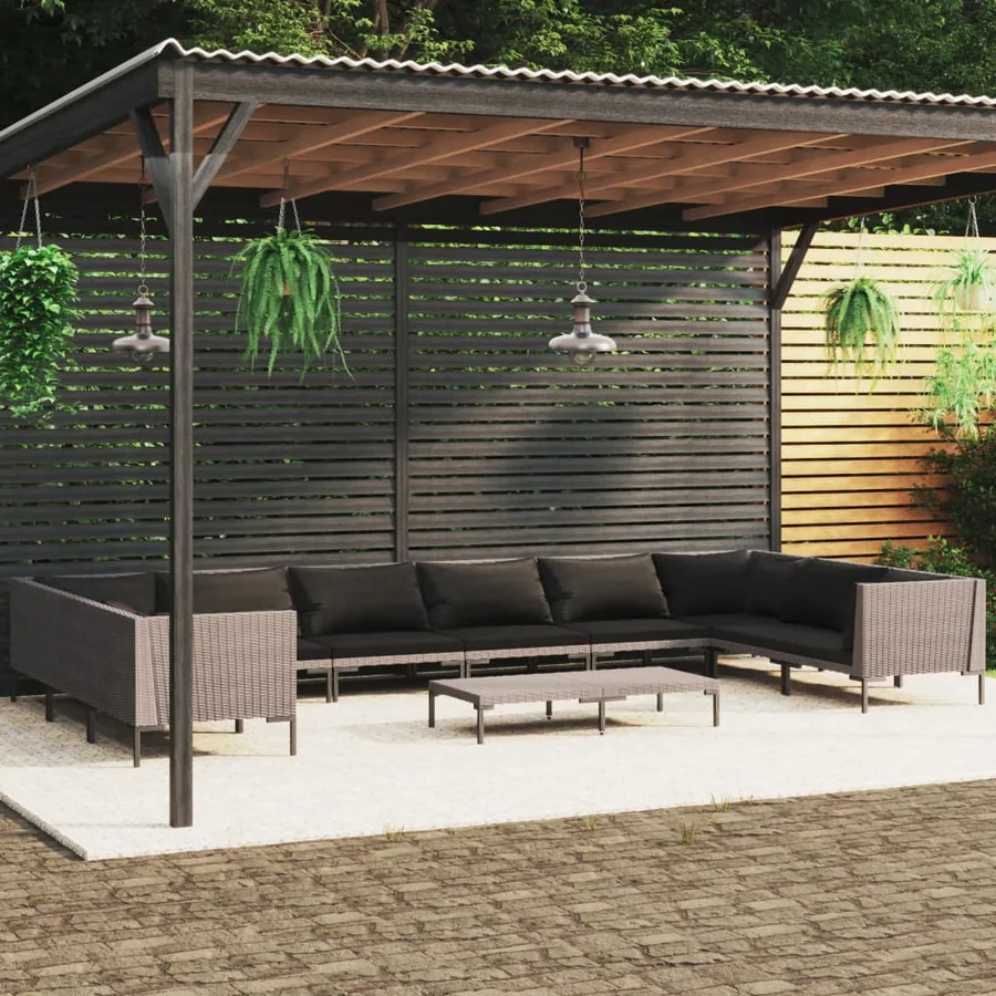 Salon de jardin 11 pcs avec coussins Résine tressée Gris foncé
