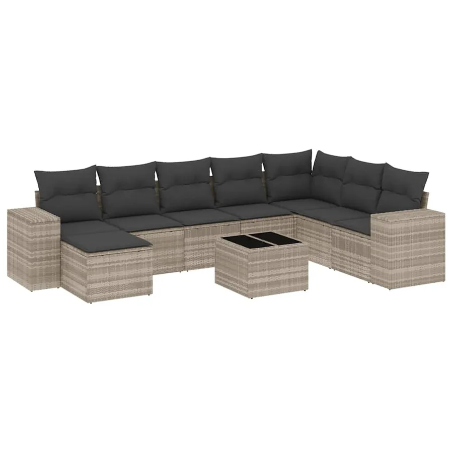 Salon de jardin 9 pcs avec coussins gris clair résine tressée - 2
