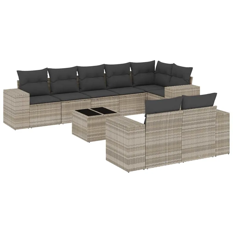Salon de jardin 9 pcs avec coussins gris clair résine tressée - 2