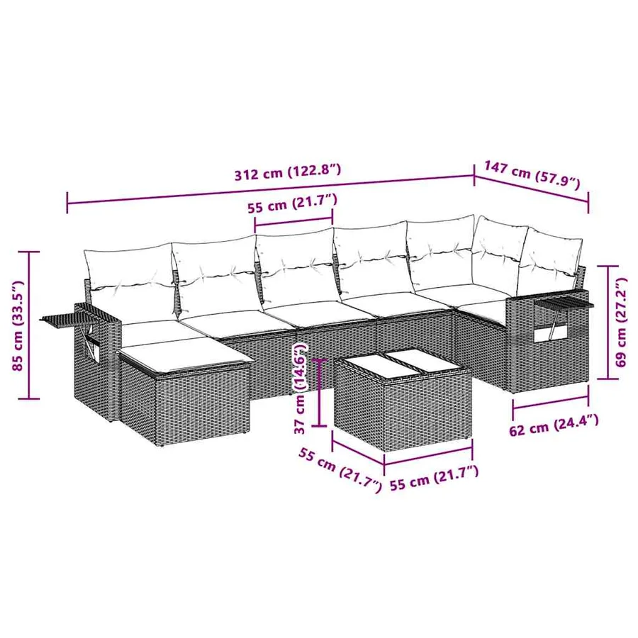 Salon de jardin 8 pcs avec coussins gris clair résine tressée - 10