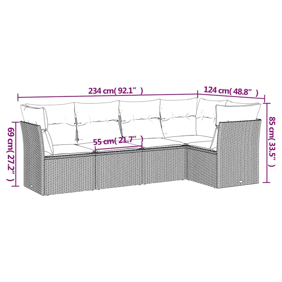 Salon de jardin 5 pcs avec coussins gris clair résine tressée - 3