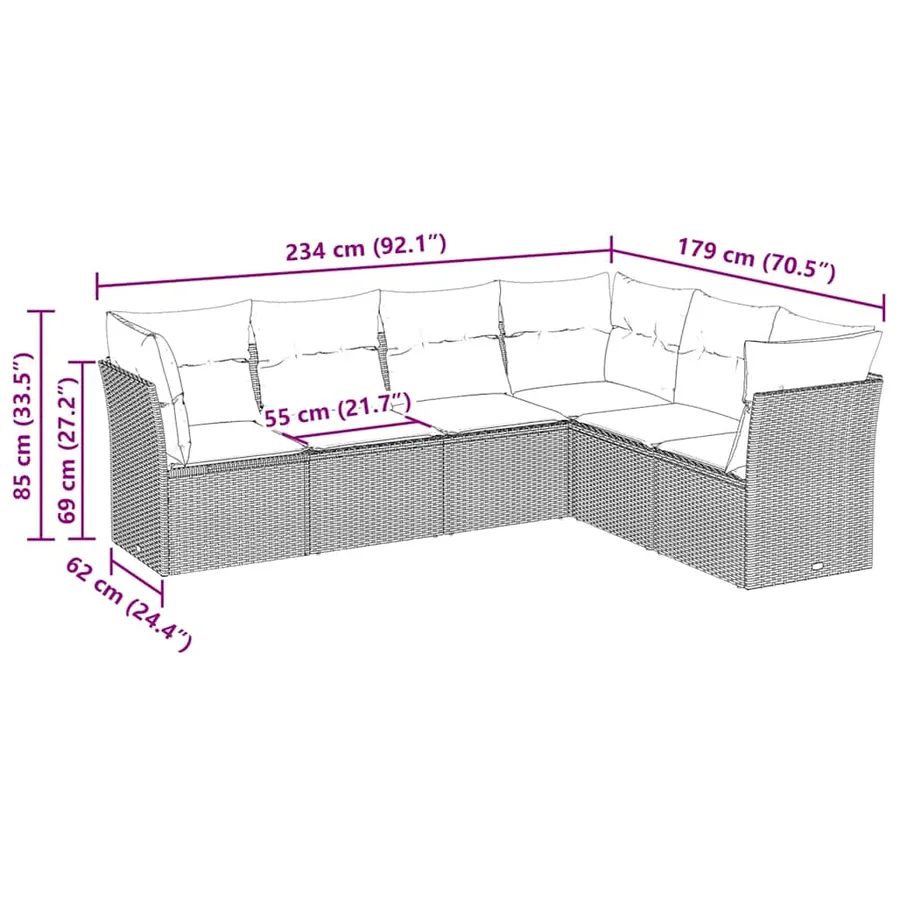 Salon de jardin 6 pcs avec coussins gris clair résine tressée - 6