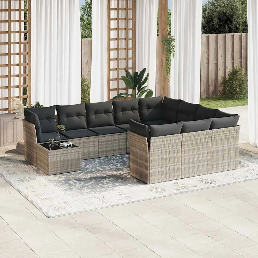 Salon de jardin 11 pcs avec coussins gris clair résine tressée