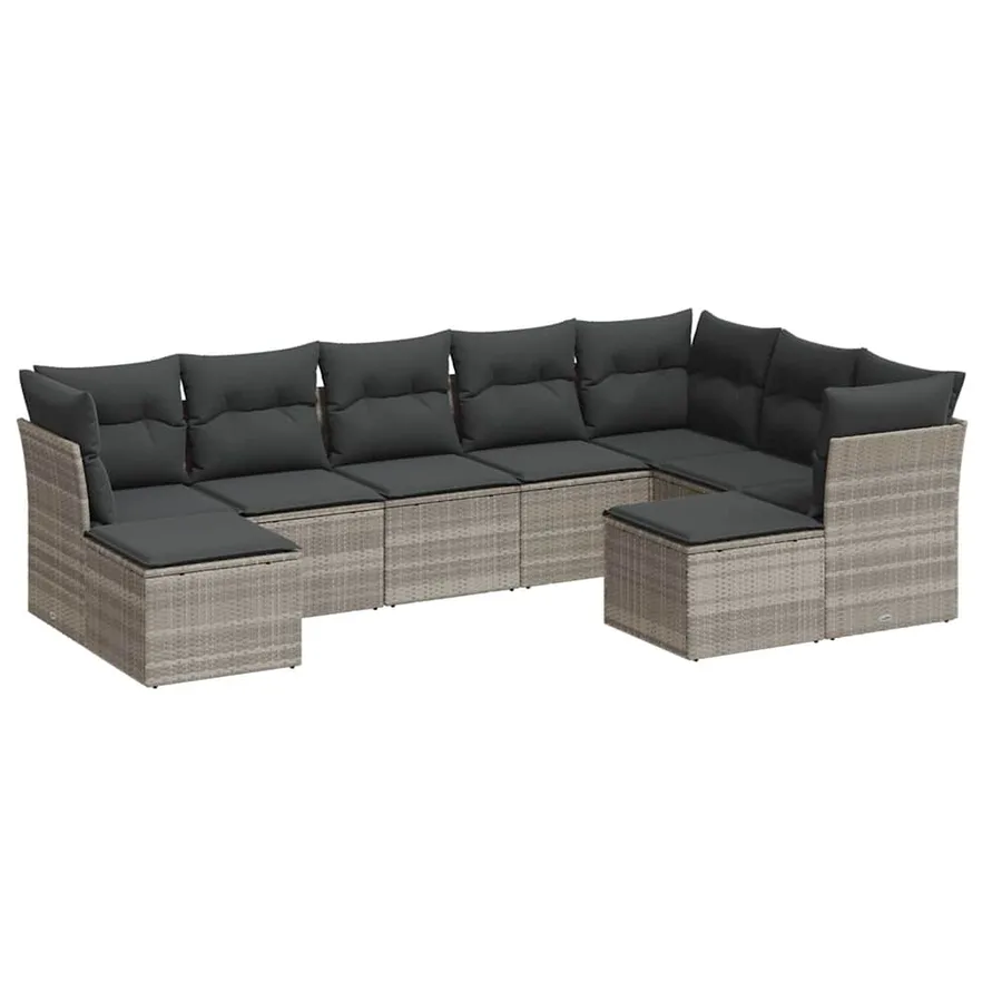 Salon de jardin 9 pcs avec coussins gris clair résine tressée - 2