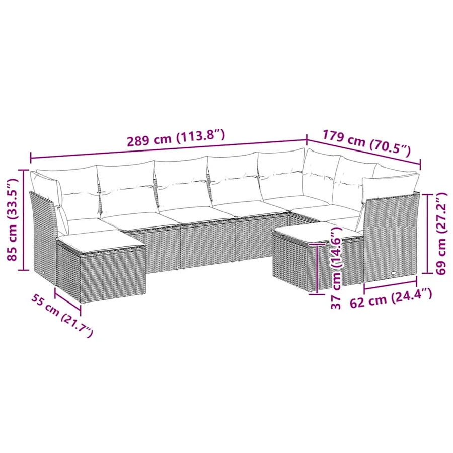 Salon de jardin 9 pcs avec coussins gris clair résine tressée - 3
