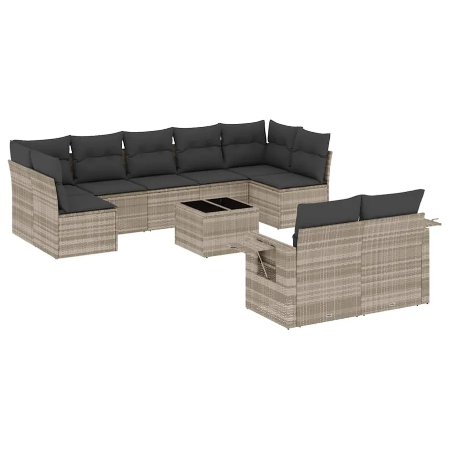 Salon de jardin avec coussins 10 pcs gris clair résine tressée - 2