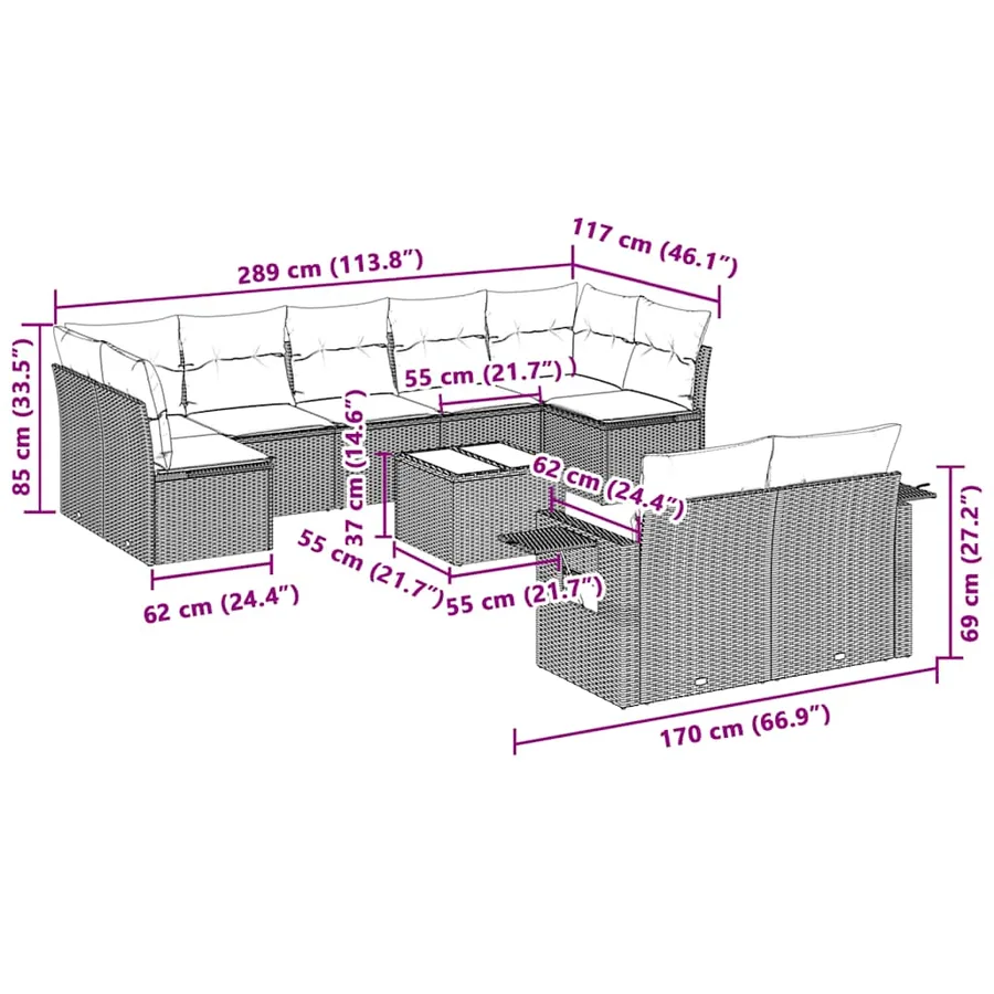 Salon de jardin avec coussins 10 pcs gris clair résine tressée - 9