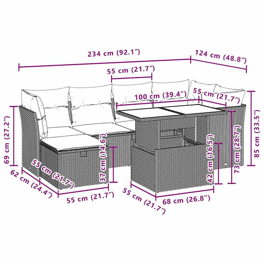 Salon de jardin avec coussins 7 pcs gris clair résine tressée - 12