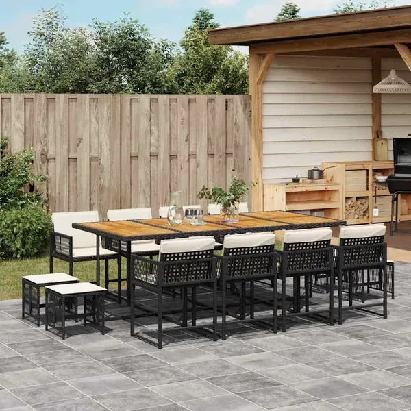 Ensemble à manger de jardin 13 pcs coussins noir résine tressée
