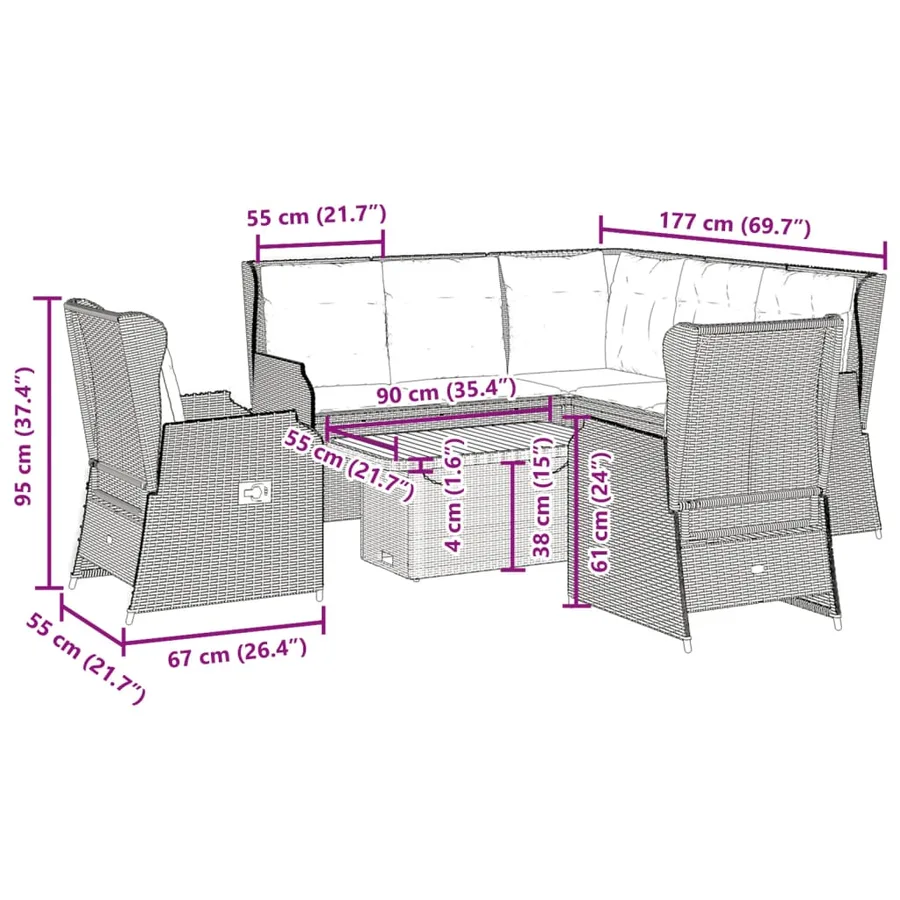 Salon de jardin 6 pcs avec coussins Gris Résine tressée - 12