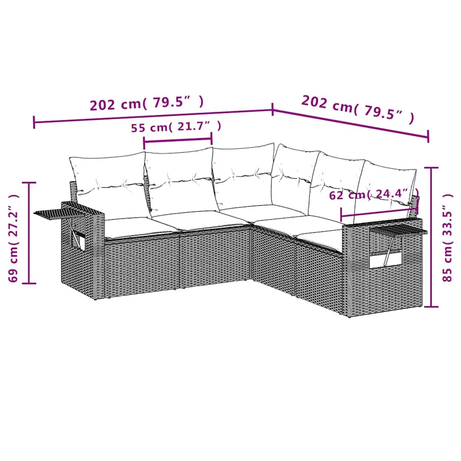 Salon de jardin 5 pcs avec coussins gris clair résine tressée - 3