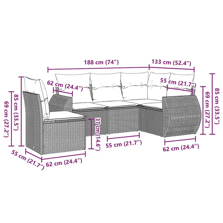 Salon de jardin 5 pcs avec coussins gris clair résine tressée - 3