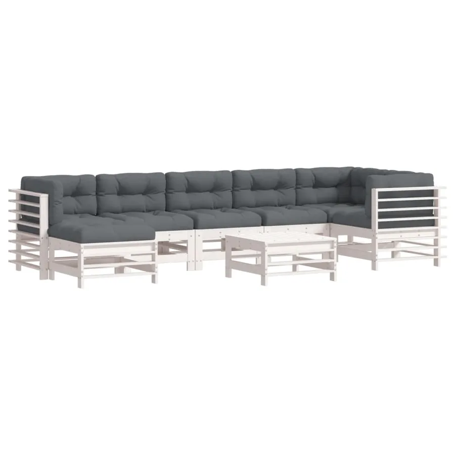 Salon de jardin 8 pcs avec coussins blanc bois massif - 2