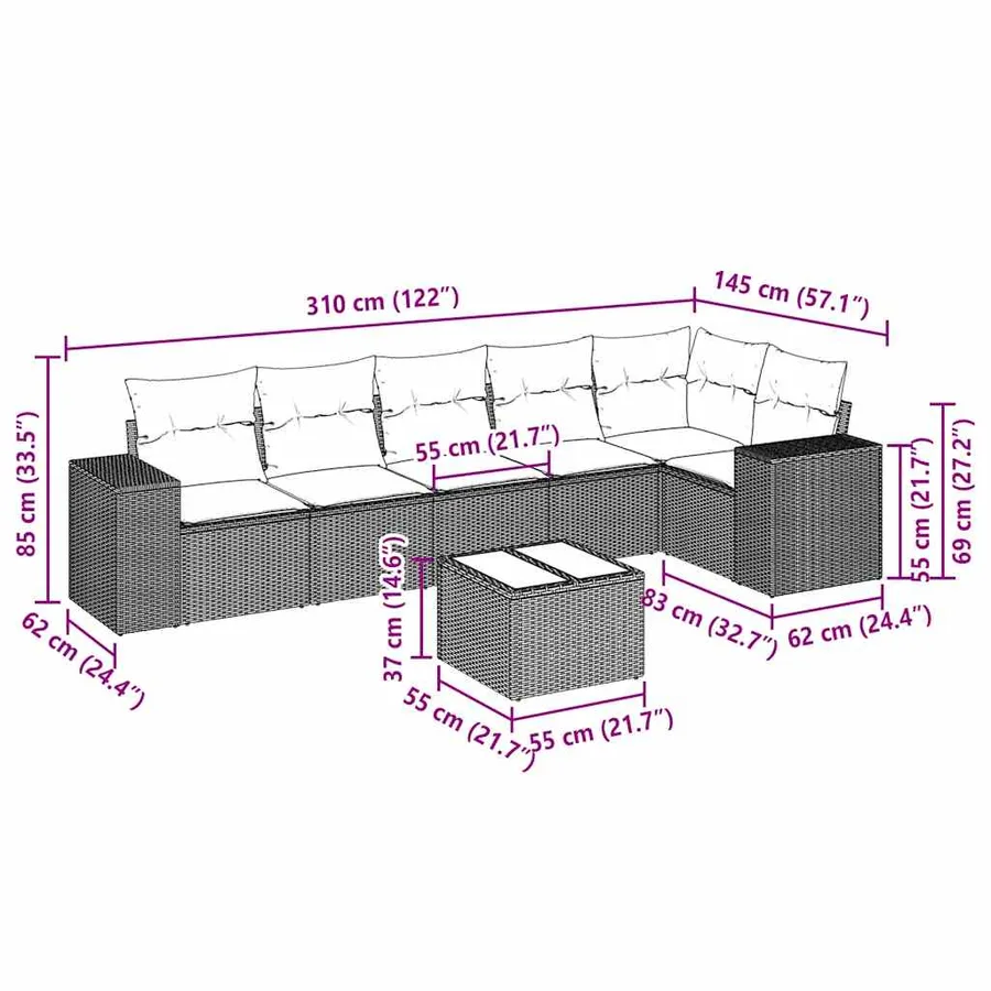 Salon de jardin avec coussins 7 pcs gris clair résine tressée - 3