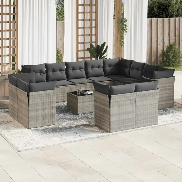 Salon de jardin avec coussins 13 pcs gris clair résine tressée