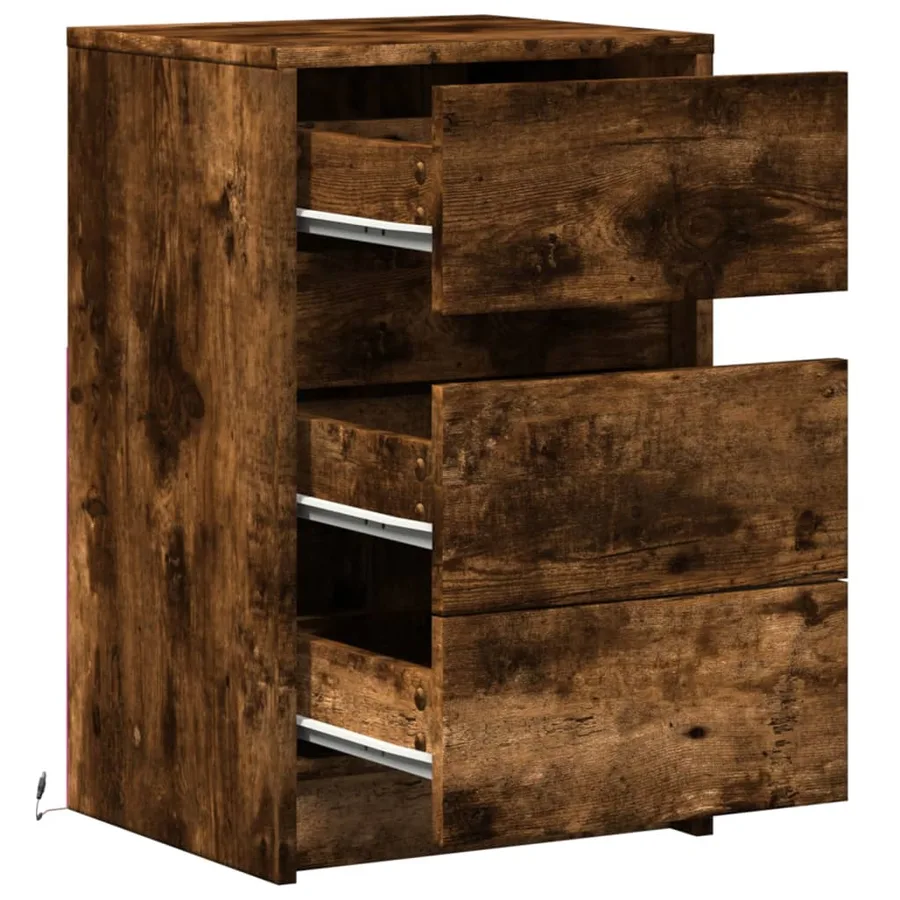 Armoire de chevet et lumières LED chêne fumé bois d'ingénierie - 12
