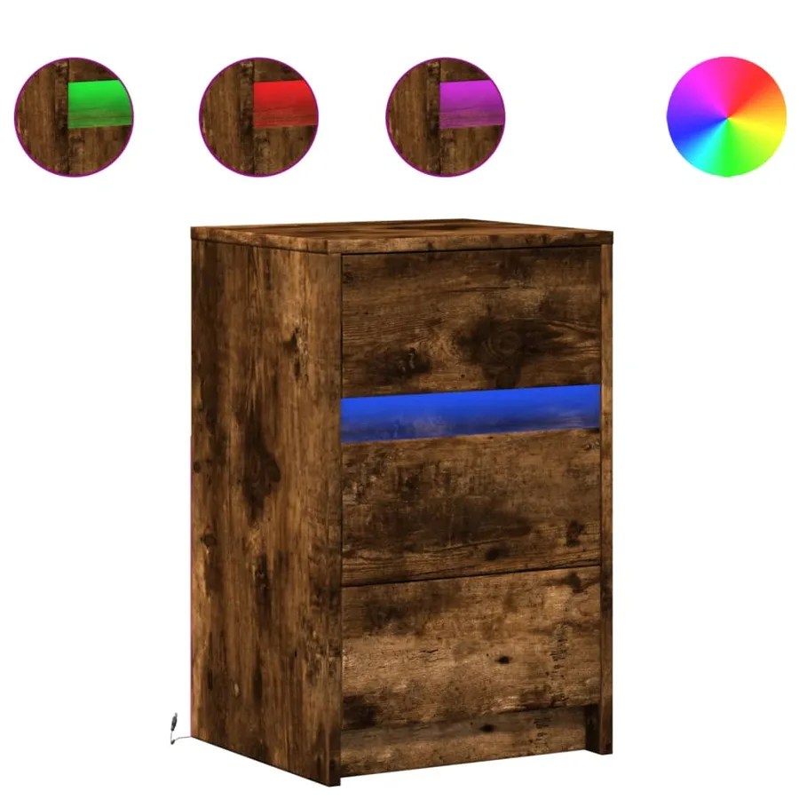 Armoire de chevet et lumières LED chêne fumé bois d'ingénierie - 2