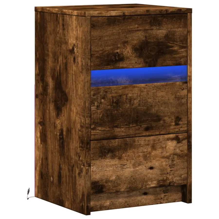 Armoire de chevet et lumières LED chêne fumé bois d'ingénierie - 3